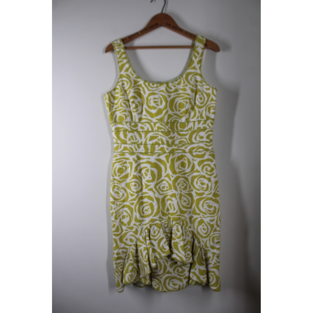 Vtg Carlisle 4 Yellow Silk Floral Print Ruffle Hem Sleeveless Sheath Dress